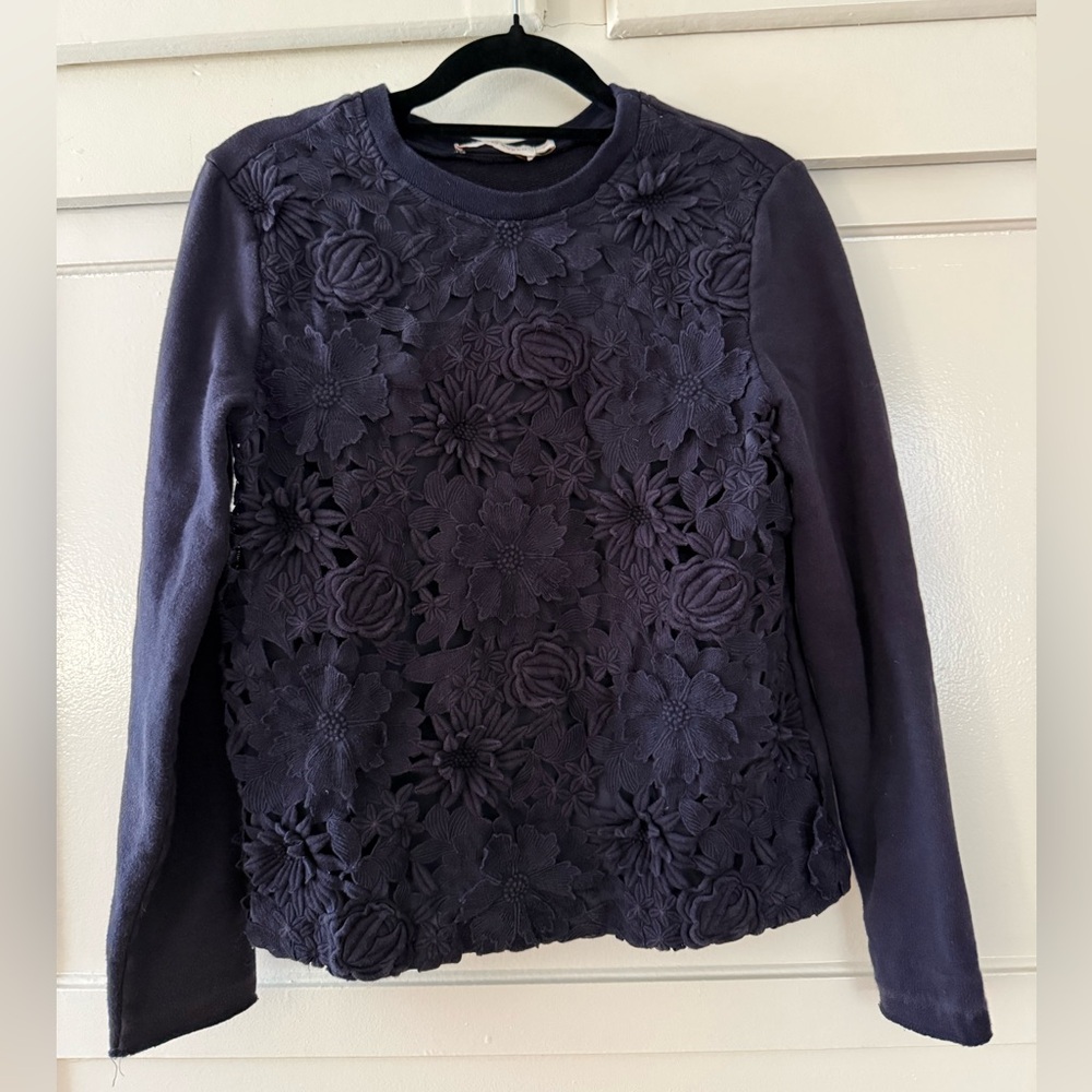 Tory Burch Maretta Lace Front Sweatshirt Navy Floral Embroidery XS